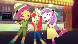 Size: 1920x1080 | Tagged: safe, derpibooru import, screencap, apple bloom, scootaloo, sweetie belle, eqg summertime shorts, equestria girls, the canterlot movie club, adorabloom, boots, cinema, clothes, cute, cutealoo, cutie mark crusaders, daring do costume, diasweetes, dress, female, food, hat, high five, jeans, pants, pith helmet, popcorn, shoes, shorts, skirt, tickets, trio, trio female