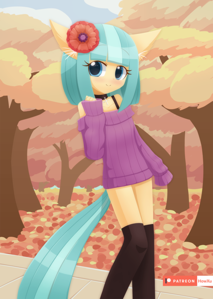 Size: 1000x1403 | Tagged: anthro, artist:howxu, autumn, bottomless, choker, clothes, cocobetes, coco pommel, cute, derpibooru import, ear fluff, female, flower, flower in hair, human, humanized, leaves, looking at you, partial nudity, safe, socks, solo, stockings, sweater, tailed humanization, thigh highs, tree