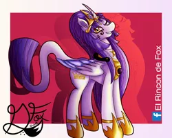 Size: 1250x1000 | Tagged: safe, artist:thedamneddarklyfox, derpibooru import, oc, oc:royalis shine, alicorn, pony, alicorn oc, crown, hoof shoes, horn, jewelry, looking at you, peytral, red background, regalia, simple background, smiling, smiling at you, wings