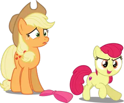 Size: 2237x1850 | Tagged: safe, artist:estories, artist:rough-boulder, derpibooru import, edit, edited edit, editor:slayerbvc, vector edit, apple bloom, applejack, earth pony, pony, accessory-less edit, apple bloom's bow, applejack's hat, bow, confused, cowboy hat, female, filly, hair bow, hat, mare, missing accessory, siblings, simple background, sisters, surprised, transparent background, trotting, vector