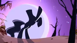 Size: 2184x1226 | Tagged: safe, derpibooru import, screencap, the headless horse (character), headless horse, pony, season 3, sleepless in ponyville, cropped, headless, moon, rearing, scary tree, silhouette, solo, tree