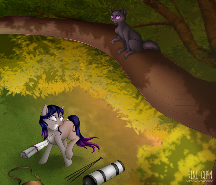 Size: 2800x2400 | Tagged: artist:rinikka, canvas, cat, commission, derpibooru import, leaves, oc, oc:star painter, safe, solo, telescope, tree, tree branch, unofficial characters only, worried