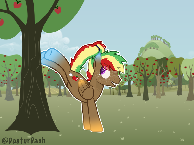 Size: 2592x1936 | Tagged: safe, artist:dasturdash, derpibooru import, oc, oc:cloudy apple, pegasus, pony, apple, apple tree, base used, food, freckles, magical lesbian spawn, male, offspring, parent:applejack, parent:rainbow dash, parents:appledash, pegasus oc, stallion, sweet apple acres, tree, wings