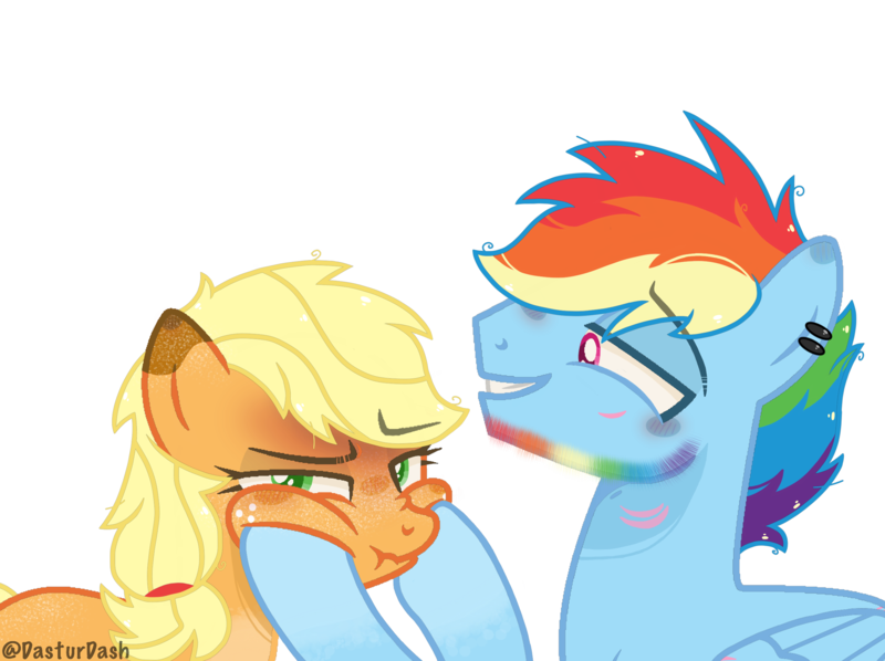 Size: 2592x1936 | Tagged: safe, artist:dasturdash, derpibooru import, applejack, rainbow dash, earth pony, pegasus, pony, annoyed, appledash, appledash (straight), applejack (male), beard, blushing, facial hair, female, freckles, half r63 shipping, headcanon, lesbian, male, piercing, scar, shipping, simple background, straight, transgender, transparent background