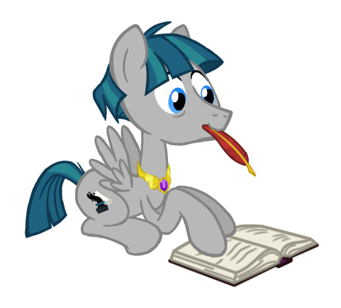 Size: 1282x1157 | Tagged: safe, artist:flipwix, derpibooru import, stygian, pegasus, pony, alternate universe, book, element of generosity, g4, image, jewelry, male, png, quill, race swap, role reversal, simple background, solo, spread wings, stallion, stygasus, stygian's cutie mark, transparent background, wings