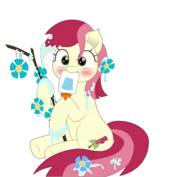 Size: 1913x2000 | Tagged: safe, artist:onil innarin, derpibooru import, roseluck, earth pony, pony, student counsel, blushing, cute, cuteluck, flower, glue, glue bottle, mouth hold, simple background, solo, stick, transparent background, vector