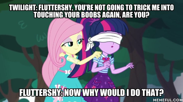 Size: 600x337 | Tagged: suggestive, derpibooru import, edit, edited screencap, screencap, fluttershy, sci-twi, twilight sparkle, equestria girls, equestria girls series, stressed in show, stressed in show: fluttershy, spoiler:eqg series (season 2), blindfold, caption, image macro, implied breasts, text