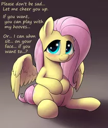 Size: 1600x1900 | Tagged: suggestive, alternate version, artist:whiskeypanda, derpibooru import, fluttershy, pegasus, pony, blushing, cute, female, fetish, hoof fetish, implied facesitting, looking at you, mare, shyabetes, sitting, solo, suggestive dialogue, text