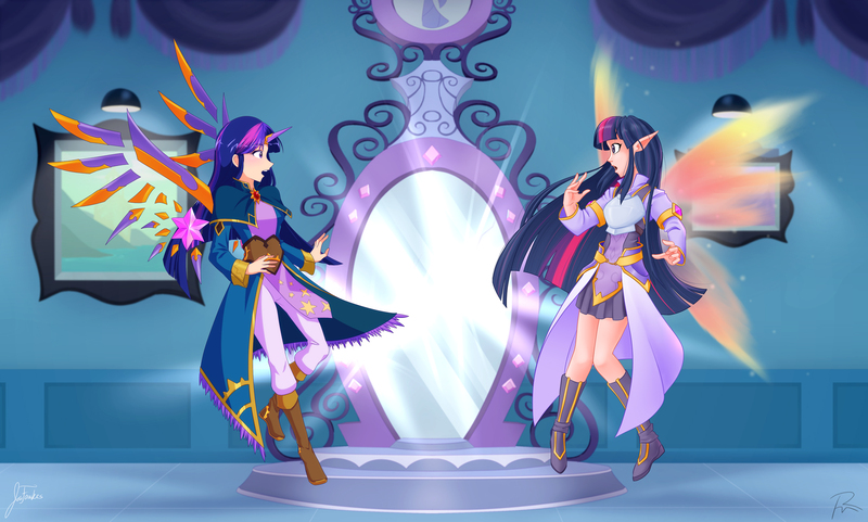 Size: 2364x1420 | Tagged: alicorn humanization, artist:didj, artist:jonfawkes, clothes, collaboration, derpibooru import, digital art, duality, elf ears, female, horn, horned humanization, human, humanized, looking at each other, magic mirror, mirror, mirror portal, my little mages, safe, self paradox, surprised, this will end well, twilight sparkle, twolight, unicorns as elves, winged humanization, wings