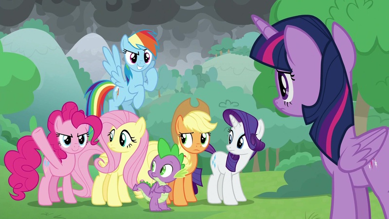 Size: 1920x1080 | Tagged: safe, derpibooru import, screencap, applejack, fluttershy, pinkie pie, rainbow dash, rarity, spike, twilight sparkle, twilight sparkle (alicorn), alicorn, pony, the ending of the end, mane seven, mane six