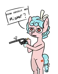 Size: 500x627 | Tagged: safe, anonymous artist, derpibooru import, cozy glow, pony, unicorn, /mlp/, 4chan, drawthread, gun, handgun, loading, looking at you, revolver, solo, text, weapon