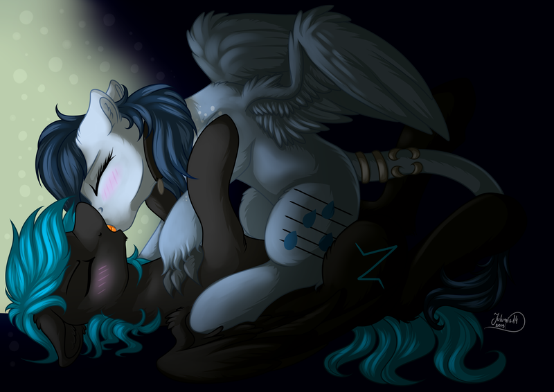 Size: 4092x2893 | Tagged: suggestive, artist:julunis14, derpibooru import, oc, oc:blackout, unofficial characters only, hybrid, pegasus, pony, blushing, commission, eyes closed, female, high res, kissing, male, mare, open mouth, shipping, signature, stallion, straight, ych result