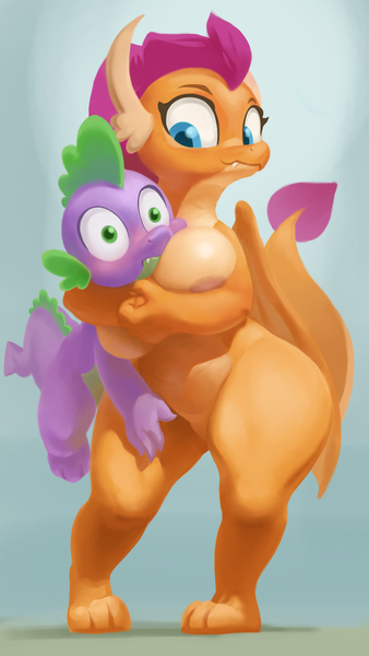 Size: 2160x3840 | Tagged: anthro, areola, areola slip, artist:bluedrg19, big breasts, blushing, boob hug, breasts, breast squish, busty smolder, chubby, derpibooru import, dragon, featureless crotch, female, hug, implied weight gain, male, nipples, nudity, questionable, shipping, size difference, smolder, spike, spolder, straight, thick, thighs, thunder thighs, wide hips