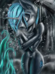 Size: 1536x2049 | Tagged: safe, artist:techwingidustries, derpibooru import, oc, oc:brooklynn, pony, semi-anthro, unicorn, belly button, blue flame, breath, cold, hair, ice, self hug, snow, solo