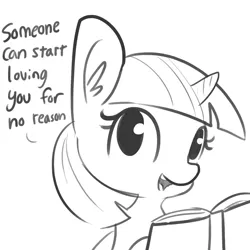 Size: 1024x1024 | Tagged: safe, artist:tjpones, derpibooru import, edit, twilight sparkle, twilight sparkle (alicorn), alicorn, pony, book, dialogue, ear fluff, female, mare, monochrome, open mouth, positive ponies, sketch, solo, wholesome