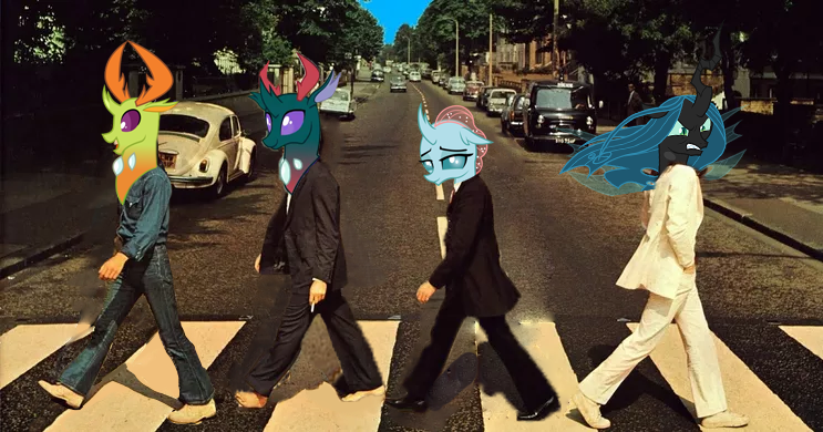 Size: 743x390 | Tagged: abbey road, changedling, changeling, derpibooru import, editor:gutovi, king thorax, ocellus, pharynx, prince pharynx, queen chrysalis, safe, the beatles, thorax