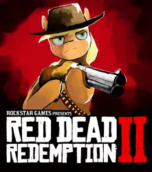 Size: 1500x1700 | Tagged: safe, artist:sapphmod, derpibooru import, applejack, pony, ammo belt, crossover, gun, red dead redemption 2, rockstar games, simple background, solo, weapon