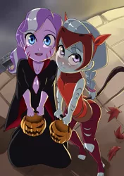 Size: 847x1200 | Tagged: safe, artist:the-dark-mangaka, derpibooru import, diamond tiara, silver spoon, equestria girls, catra, clothes, costume, cute, devil horns, diamondbetes, feet, halloween, holiday, leaf, looking at you, pumpkin bucket, rwby, salem, she-ra and the princesses of power, silverbetes, smiling, trick or treat