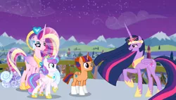 Size: 1534x872 | Tagged: safe, artist:swiftgaiathebrony, derpibooru import, princess cadance, princess flurry heart, twilight sparkle, twilight sparkle (alicorn), oc, oc:solar spell, alicorn, pony, female, male, offspring, parent:princess cadance, parent:sunburst, parent:twilight sparkle, parents:twiburst, you'll play your part