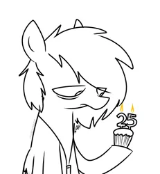 Size: 924x1000 | Tagged: safe, artist:modocrisma, derpibooru import, oc, oc:lightningbeat, unofficial characters only, pegasus, pony, alternate universe, au:lbau, birthday, birthday candles, cupcake, depressed, doodle, eye clipping through hair, fire, food, hoof hold, jewelry, lineart, male, monochrome, necklace, pendant, simple background, sleep deprivation, solo, stallion, tired, watermark, white background, wings