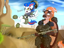 Size: 4800x3613 | Tagged: safe, artist:n0nnny, derpibooru import, oc, oc:beatbreaker, oc:zeeb, unofficial characters only, anthro, bird, hippogriff, pegasus, pony, annoyed, assault rifle, backpack, barrett m82, beak, camouflage, clothes, commission, desert, dialogue, eyeglasses, galil, glasses, gloves, goggles, grass, gun, happy, helmet, heterochromia, jumping, military, military uniform, pauldron, rifle, shorts, sky, spread wings, tongue out, trigger discipline, upset, weapon, wings