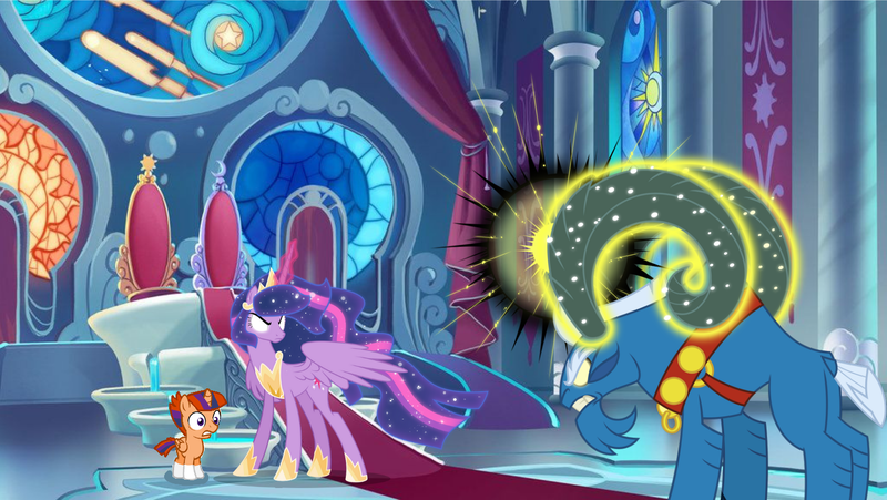 Size: 1534x864 | Tagged: alicorn, artist:swiftgaiathebrony, castle, castle of the royal pony sisters, derpibooru import, fake, faker than a three dollar bill, fight, grogar, magic, oc, oc:solar spell, older, older twilight, parent:sunburst, parent:twilight sparkle, princess twilight 2.0, safe, the last problem, twilight sparkle, twilight sparkle (alicorn), twilight vs grogar