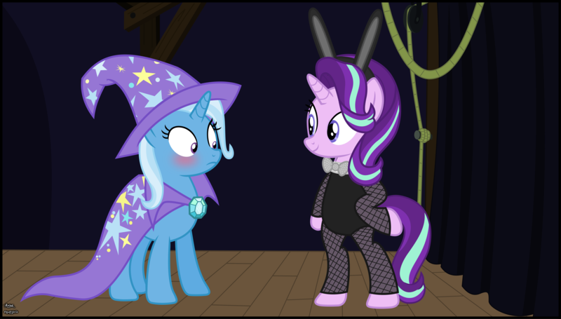 Size: 4314x2451 | Tagged: safe, artist:anime-equestria, derpibooru import, starlight glimmer, trixie, pony, unicorn, backstage, bipedal, blushing, bowtie, bunny ears, bunny suit, cape, clothes, curtains, cute, diatrixes, duo, female, fishnets, glimmerbetes, hat, hoof on hip, lesbian, outfit, playboy bunny, rope, shipping, smiling, stage, standing up, startrix, trixie's cape, trixie's hat, vector, wood, wooden floor