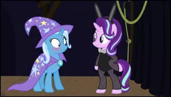 Size: 4314x2451 | Tagged: safe, artist:anime-equestria, derpibooru import, starlight glimmer, trixie, pony, unicorn, backstage, bipedal, blushing, bowtie, bunny ears, bunny suit, cape, clothes, curtains, cute, diatrixes, duo, female, fishnets, glimmerbetes, hat, hoof on hip, lesbian, outfit, playboy bunny, rope, shipping, smiling, stage, standing up, startrix, trixie's cape, trixie's hat, vector, wood, wooden floor