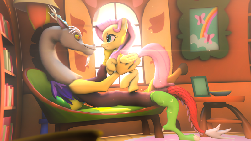 Size: 1920x1080 | Tagged: safe, derpibooru import, discord, fluttershy, draconequus, pegasus, pony, 3d, backlighting, duo, eye contact, female, fluttershy's cottage, fluttershy's cottage (interior), indoors, looking at each other, mare, revamped ponies, smiling, window