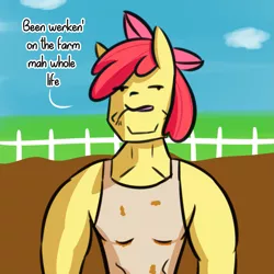 Size: 1443x1443 | Tagged: anthro, apple bloom, apple brawn, artist:artiks, chad, clothes, derpibooru import, dialogue, fence, muscles, safe, shirt, sleeveless, sleeveless shirt, solo, straw in mouth, swole