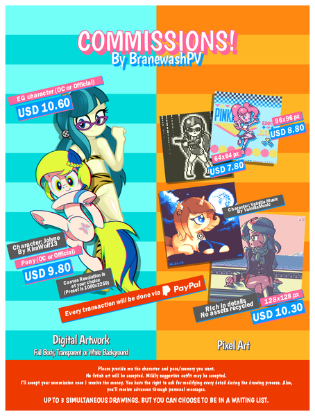 Size: 1176x1555 | Tagged: safe, artist:branewashpv, derpibooru import, juniper montage, pinkie pie, sunset shimmer, oc, oc:jolyne, oc:vainilla music, earth pony, pony, unicorn, equestria girls, advertisement, digital art, lum invader, pixel art, the matrix, urusei yatsura