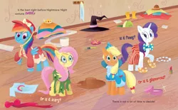 Size: 1686x1046 | Tagged: safe, derpibooru import, applejack, fluttershy, rainbow dash, rarity, pony, an egg-cellent costume party, spoiler:book, applejack also dresses in style, clothes, clown, clown outfit, clownity, confused, costume, frankenstein's monster, hat, nightmare night, princess outfit, rainbow dash always dresses in style, witch hat