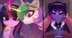 Size: 2280x1208 | Tagged: safe, artist:magnaluna, derpibooru import, princess celestia, princess luna, twilight sparkle, twilight sparkle (alicorn), alicorn, pony, 3:, :>, :t, angry, cheek pinch, chest fluff, crown, cute, digital art, ear fluff, eyebrows visible through hair, female, glowing horn, grumpy, grumpy luna, horn, jewelry, leg fluff, luna is not amused, lunabetes, madorable, magic, magic glow, mare, neck fluff, regalia, royal sisters, sitting, smiling, telekinesis, unamused