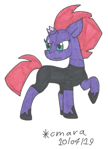 Size: 838x1148 | Tagged: safe, artist:cmara, derpibooru import, tempest shadow, pony, unicorn, broken horn, clothes, eye scar, female, hoof shoes, horn, mare, raised hoof, scar, shirt, simple background, solo, traditional art, white background