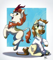 Size: 1462x1670 | Tagged: safe, artist:anticular, derpibooru import, autumn blaze, oc, oc:calpain, earth pony, kirin, pony, canon x oc, clothes, female, goggles, jumping, lab coat, male, quadrupedal, stallion