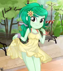 Size: 691x776 | Tagged: safe, artist:charliexe, derpibooru import, wallflower blush, equestria girls, adorasexy, alternate hairstyle, clothes, crepuscular rays, cute, dress, female, flower, flower in hair, flowerbetes, freckles, legs, looking at you, outdoors, park, schrödinger's pantsu, sexy, solo, sundress, thighs