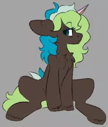 Size: 1406x1652 | Tagged: safe, artist:spoopygander, derpibooru import, oc, oc:bright side, pony, unicorn, chest fluff, looking at you, multicolored hair, multicolored horn, sitting, solo, unshorn fetlocks