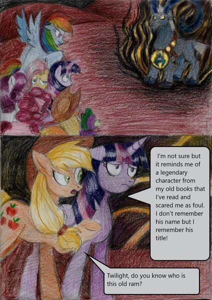 Size: 900x1272 | Tagged: alicorn, applejack, artist:moonrises, bell, comic, comic:alternative ending, derpibooru import, fluttershy, grogar, grogar's bell, mane six, pinkie pie, rainbow dash, rarity, real grogar, safe, spike, traditional art, twilight sparkle, twilight sparkle (alicorn), twilight vs grogar