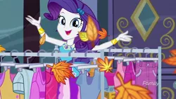 Size: 1920x1080 | Tagged: safe, derpibooru import, screencap, rarity, equestria girls, equestria girls series, street chic, spoiler:eqg series (season 2), clothes rack, leaf, leaves, looking at you, magical geodes, open mouth, smiling, smiling at you, solo, wind blowing, window