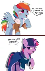 Size: 1702x2701 | Tagged: safe, artist:stuwor-art, derpibooru import, rainbow dash, twilight sparkle, twilight sparkle (alicorn), alicorn, pegasus, pony, blushing, bomber jacket, clothes, dialogue, female, gay marriage, hoof shoes, jacket, lesbian, mare, married couple, one hoof raised, parks and rec (show), parks and recreation, rainbow dork, reference, robe, shipping, shirt, twidash