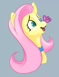 Size: 949x1232 | Tagged: safe, artist:paleheart-arts, deleted from derpibooru, derpibooru import, fluttershy, butterfly, pegasus, pony, bust, butterfly on nose, cheek fluff, cross-eyed, female, gray background, insect on nose, looking at something, mare, open mouth, portrait, simple background, smiling, solo, three quarter view