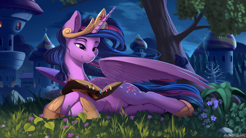 Size: 1920x1080 | Tagged: safe, artist:discordthege, derpibooru import, princess twilight 2.0, twilight sparkle, twilight sparkle (alicorn), alicorn, pony, the last problem, spoiler:s09, book, book of harmony, bookmark, crown, cute, ear fluff, female, flower, grass, happy birthday mlp:fim, hoof shoes, jewelry, mare, mlp fim's ninth anniversary, night, older, older twilight, princess, prone, reading, regalia, signature, sitting, smiling, solo, tree, twiabetes