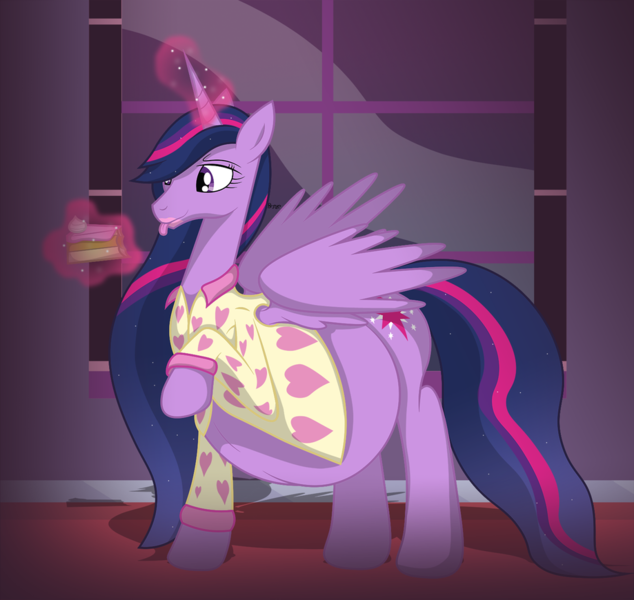 Size: 919x870 | Tagged: safe, artist:bronzepony, derpibooru import, princess twilight 2.0, twilight sparkle, twilight sparkle (alicorn), alicorn, pony, the last problem, belly, big belly, cake, clothes, eating, female, food, hyper, hyper belly, hyper pregnancy, impossibly large belly, magic, mare, pajamas, preglight sparkle, pregnant, raised hoof, tongue out