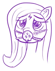 Size: 1034x1320 | Tagged: suggestive, artist:diaperand, derpibooru import, fluttershy, pony, ballgag, bdsm, bondage, cutie mark ballgags, drool, gag, implied rarity, monochrome, solo