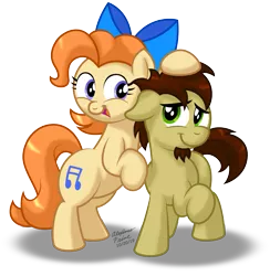 Size: 883x904 | Tagged: safe, artist:aleximusprime, derpibooru import, oc, oc:ink jet, oc:twinkle toes, earth pony, pony, bow, buddies, couple, cute, duo, duo male and female, facial hair, friends, goatee, noogie, oc october, pair