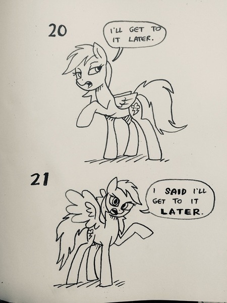 Size: 640x853 | Tagged: safe, artist:docwario, derpibooru import, rainbow dash, pegasus, pony, dashtober, dialogue, female, later, looking at you, mare, procrastination, sketch, solo, speech bubble, traditional art