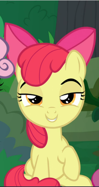 Size: 498x942 | Tagged: safe, derpibooru import, screencap, apple bloom, earth pony, pony, the big mac question, cropped, female, filly, lidded eyes, offscreen character, raised hoof, she knows, sitting, smiling, smirk, smug, solo, solo focus