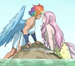 Size: 1075x941 | Tagged: suggestive, artist:hazurasinner, derpibooru import, fluttershy, rainbow dash, bat pony, human, mermaid, starfish, angel, arm wraps, blushing, bracelet, breasts, busty fluttershy, clothed female nude female, clothes, ear fins, eye scar, female, females only, flutterbat, flutterdash, godiva hair, human coloration, humanized, jewelry, lesbian, mermaid lovers, mermaidized, ocean, partial nudity, race swap, rock, scar, shipping, species swap, strategically covered, topless, valkyrie, winged humanization, wings