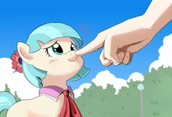 Size: 756x515 | Tagged: safe, artist:vinilyart, derpibooru import, coco pommel, earth pony, human, pony, blushing, boop, cocobetes, cute, female, heart, mare, offscreen character, offscreen human