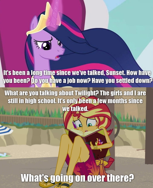 Size: 725x889 | Tagged: safe, derpibooru import, edit, edited screencap, screencap, princess twilight 2.0, sunset shimmer, twilight sparkle, twilight sparkle (alicorn), alicorn, equestria girls, equestria girls series, forgotten friendship, the last problem, older, older twilight, theory of relativity, time difference, what a twist